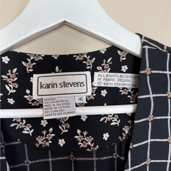 Vintage Karin Steven’s Vest Black Checkered Floral Women’s Size 16 - Picture 3 of 6
